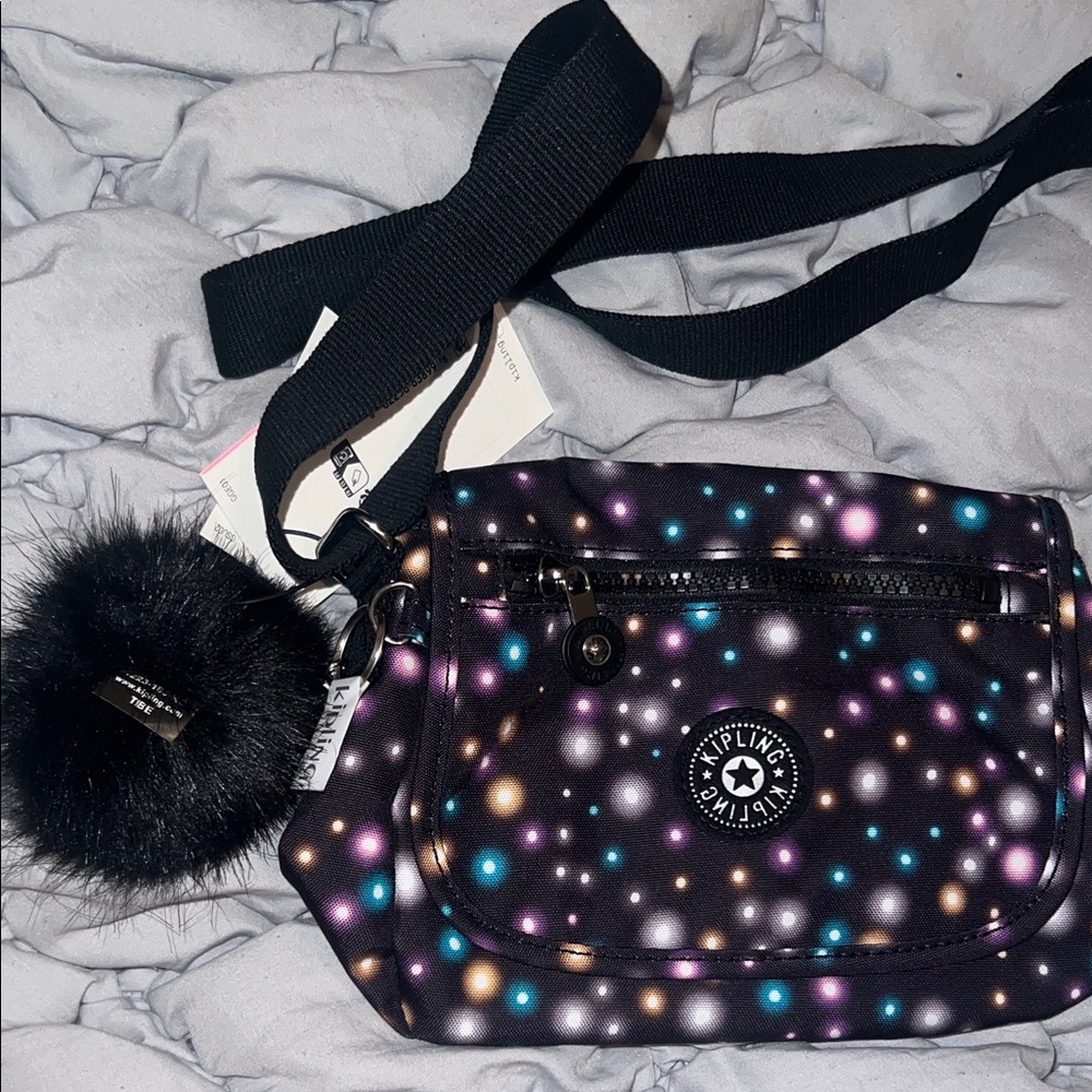 Kipling Multicolor Dot Crossbody Bag with Black Pom Pom